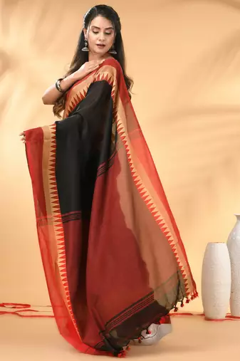 Black and red cotton saree with geometric woven border