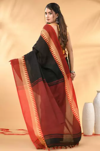 Black and red cotton saree with geometric woven border