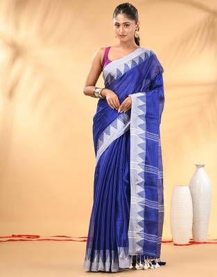 Blue and white tissue saree with woven geometric border 1