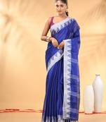 Blue and white tissue saree with woven geometric border