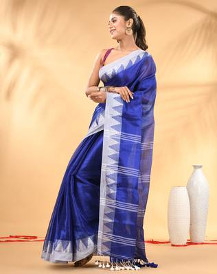 Blue and white tissue saree with woven geometric border 2