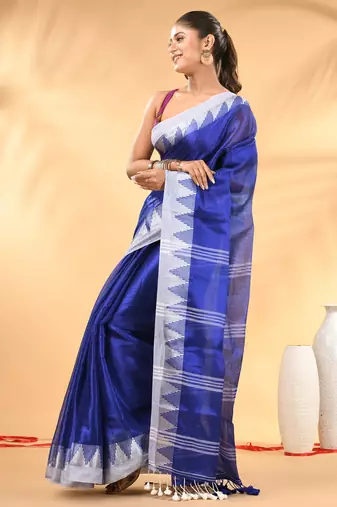 Blue and white tissue saree with woven geometric border