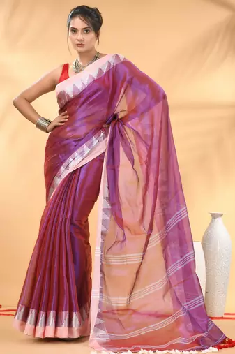 Magenta and white tissue saree with woven geometric border