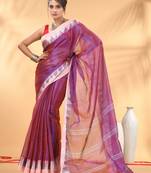 Magenta and white tissue saree with woven geometric border