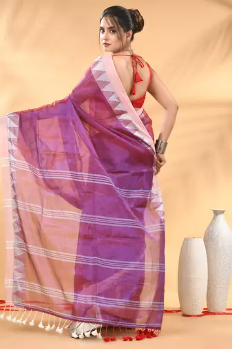 Magenta and white tissue saree with woven geometric border