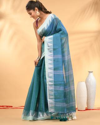 Sea green and white tissue saree with woven geometric border 2