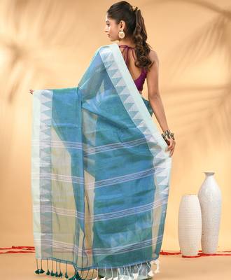 Sea green and white tissue saree with woven geometric border 3
