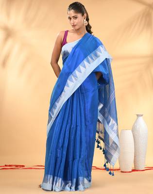 Sapphire blue and white tissue saree with woven geometric border 1