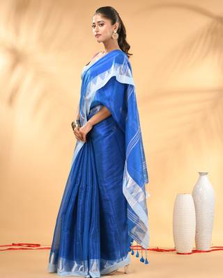 Sapphire blue and white tissue saree with woven geometric border 2
