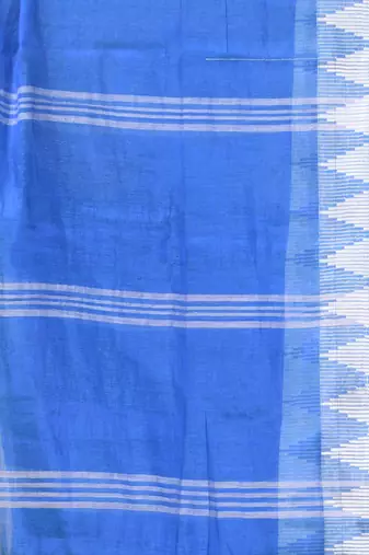 Sapphire blue and white tissue saree with woven geometric border