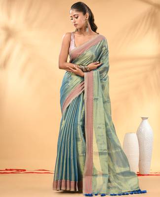 Sky blue golden glow tissue saree 1