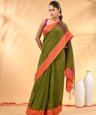 Olive green soft mulmul cotton saree 1