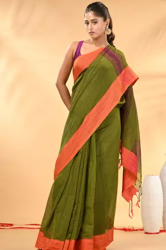Olive green soft mulmul cotton saree