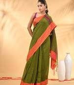 Olive green soft mulmul cotton saree