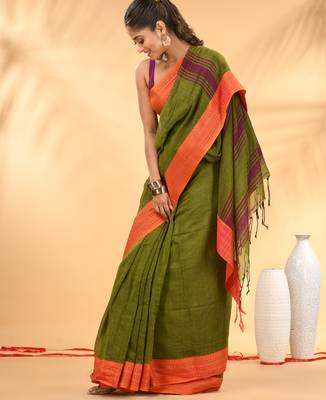 Olive green soft mulmul cotton saree 2