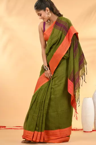 Olive green soft mulmul cotton saree
