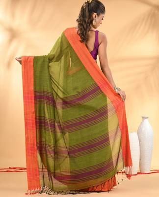 Olive green soft mulmul cotton saree 3