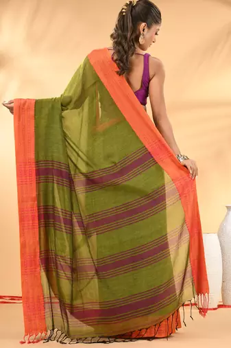 Olive green soft mulmul cotton saree