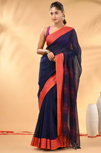 Blue soft mulmul cotton saree