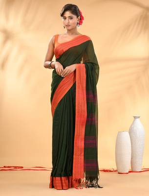 Forest green soft mulmul cotton saree 1