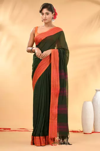 Forest green soft mulmul cotton saree