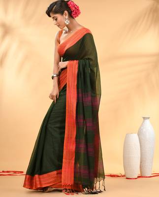 Forest green soft mulmul cotton saree 2