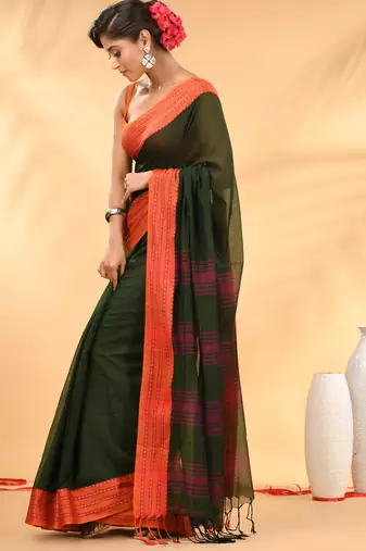 Forest green soft mulmul cotton saree