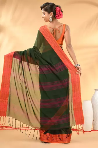 Forest green soft mulmul cotton saree