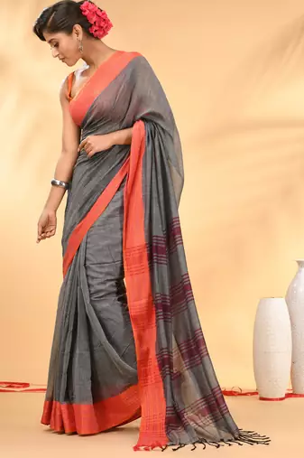 Grey soft mulmul cotton saree