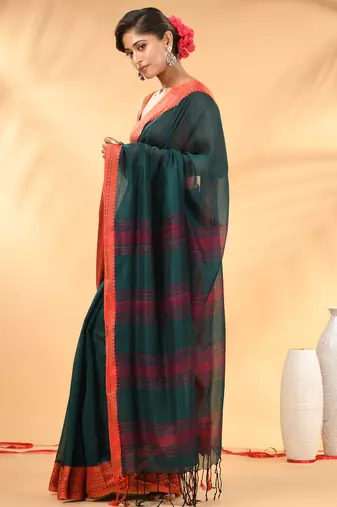 Teal soft mulmul cotton saree