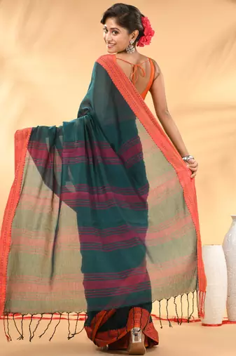 Teal soft mulmul cotton saree