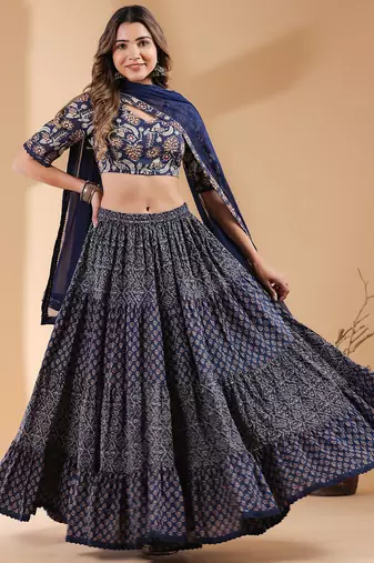 Navy Blue Pure Cotton Ethnic Motifs Printed Tiered Lehenga Choli