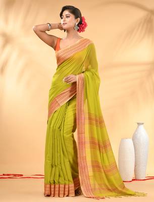 Lime green soft mulmul cotton saree 1