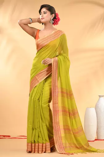 Lime green soft mulmul cotton saree
