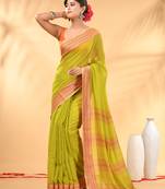 Lime green soft mulmul cotton saree