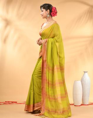 Lime green soft mulmul cotton saree 2