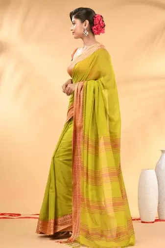Lime green soft mulmul cotton saree