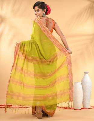 Lime green soft mulmul cotton saree 3