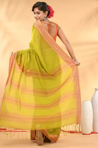 Lime green soft mulmul cotton saree
