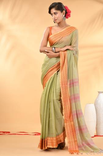 Beige soft mulmul cotton saree