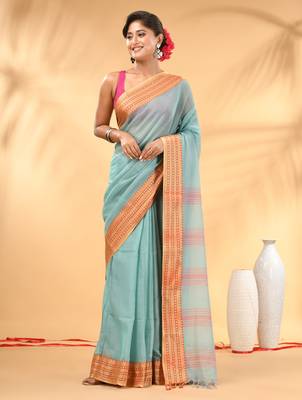 Turquoise blue soft mulmul cotton saree 1