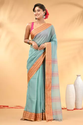 Turquoise blue soft mulmul cotton saree