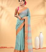 Turquoise blue soft mulmul cotton saree