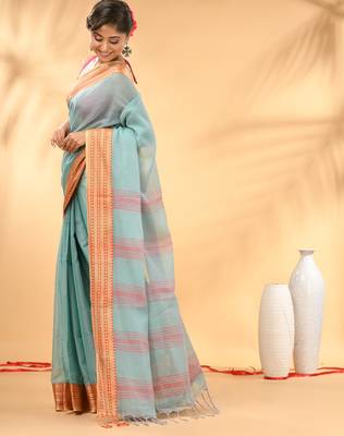 Turquoise blue soft mulmul cotton saree 2