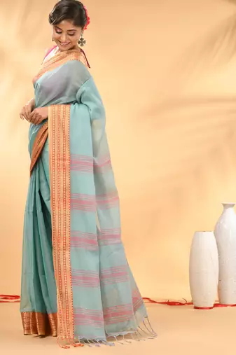 Turquoise blue soft mulmul cotton saree