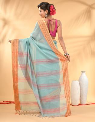 Turquoise blue soft mulmul cotton saree 3