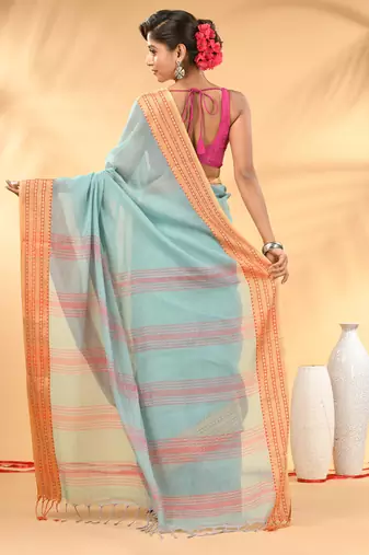 Turquoise blue soft mulmul cotton saree