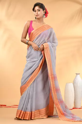 Grey soft mulmul cotton saree