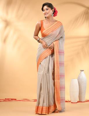 Beige soft mulmul cotton saree 1