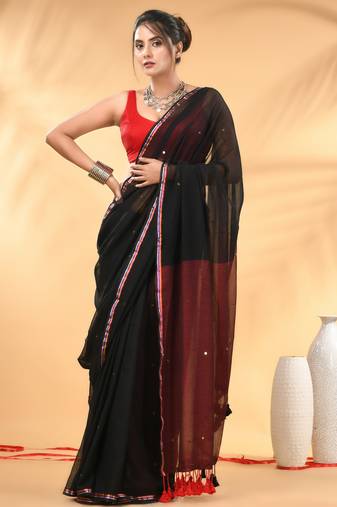 Black and red sequin mulmul cotton saree